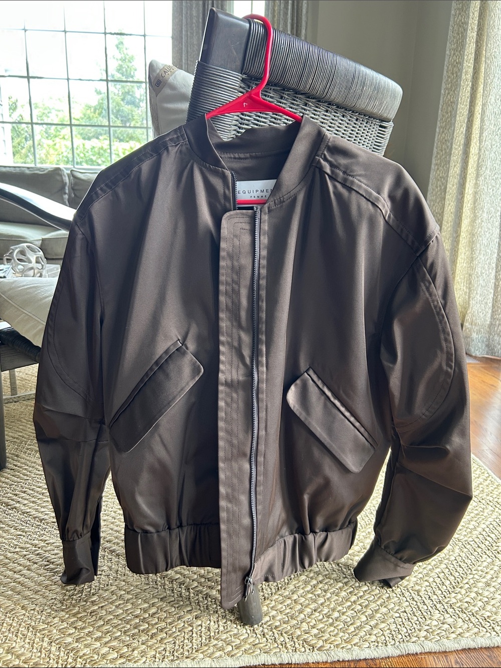 Equipment Chocolate Bomber Satin Jacket with Flap Pockets
